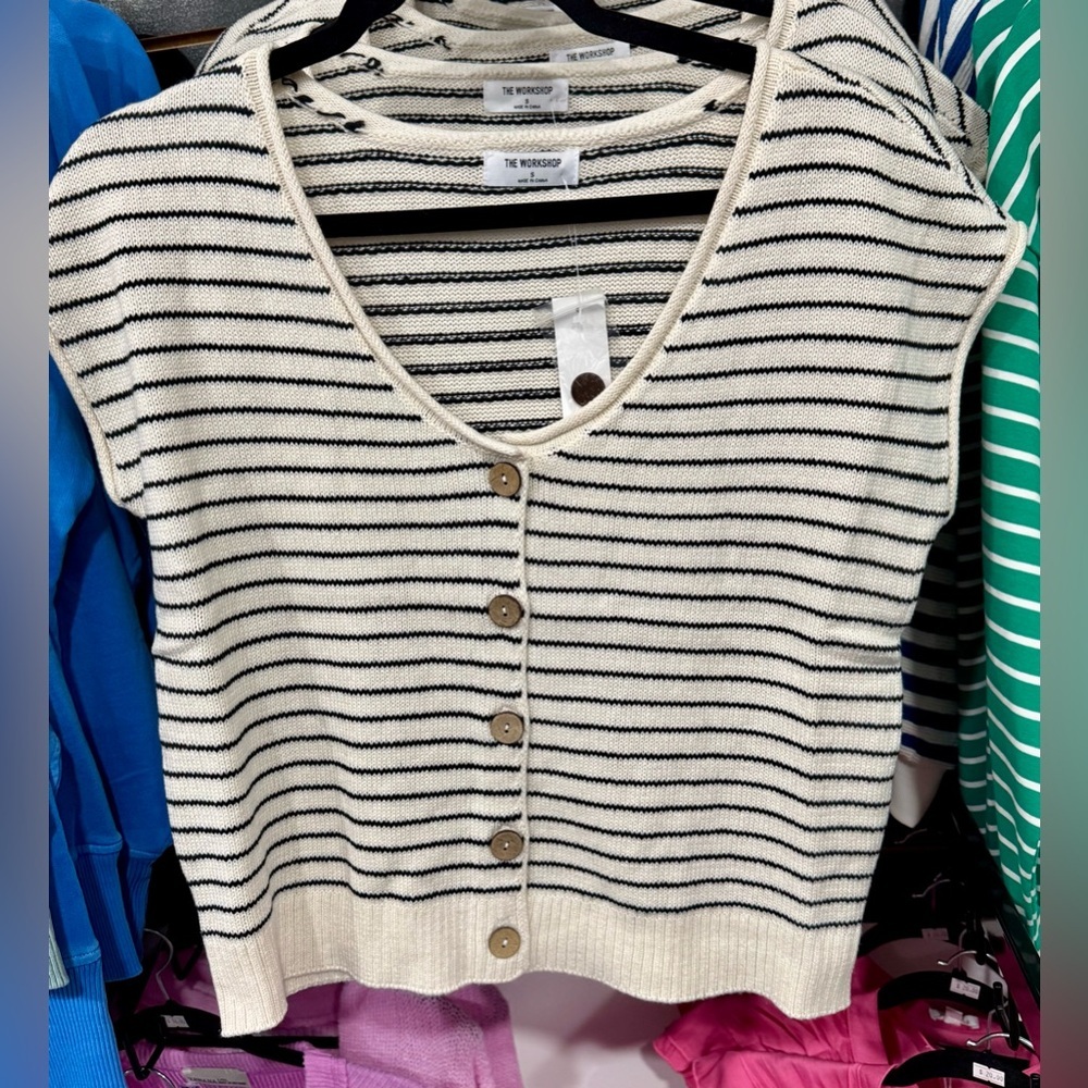 Blu Pepper Cream and Black Striped Button-Front Knit Top